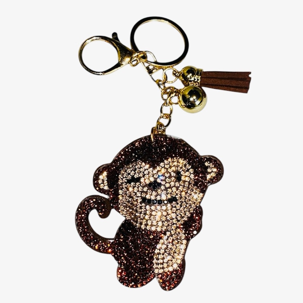 Brown/Tan Crystal Rhinestone Monkey Keychain, One Size
